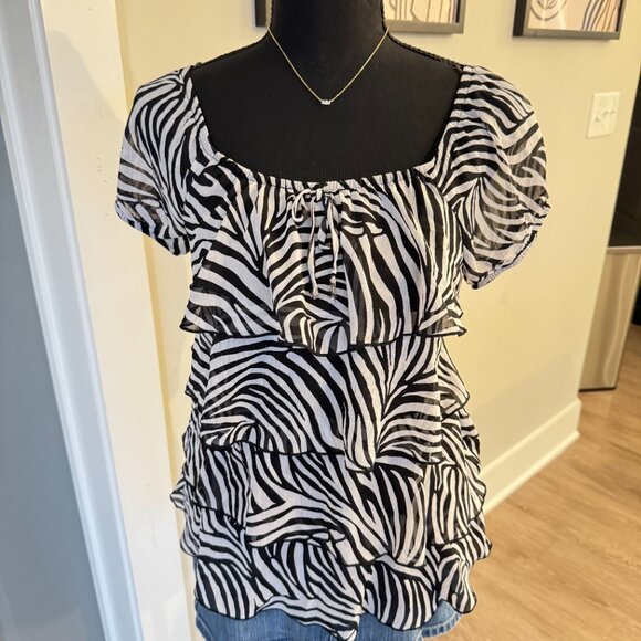 Vintage Ruffled Blouse \ Y2K Zebra Print Top by IZ Byer - Picture 2 of 13